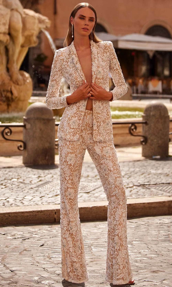 Sherri Hill 55907 - Plunging V-Neck Beaded Lace Pantsuit Special Occasion Dress 000 / Ivory/Nude