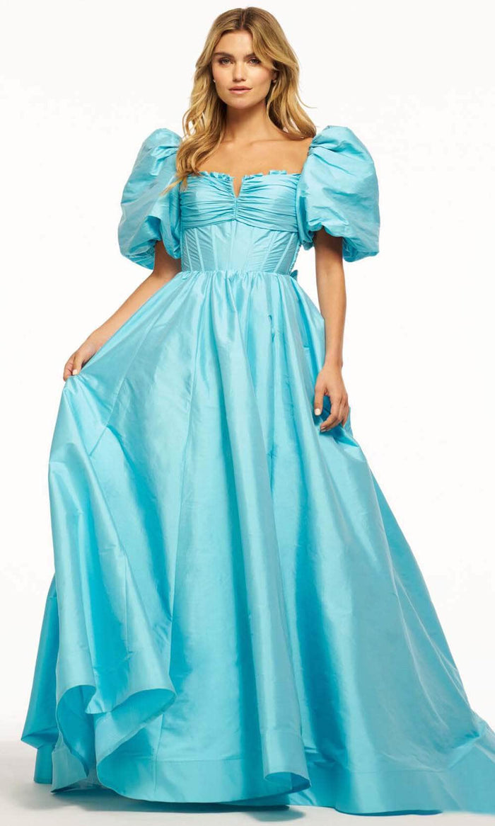 Sherri Hill 55979 - Puff Sleeved Taffeta Ballgown Ball Gowns 000 / Aqua