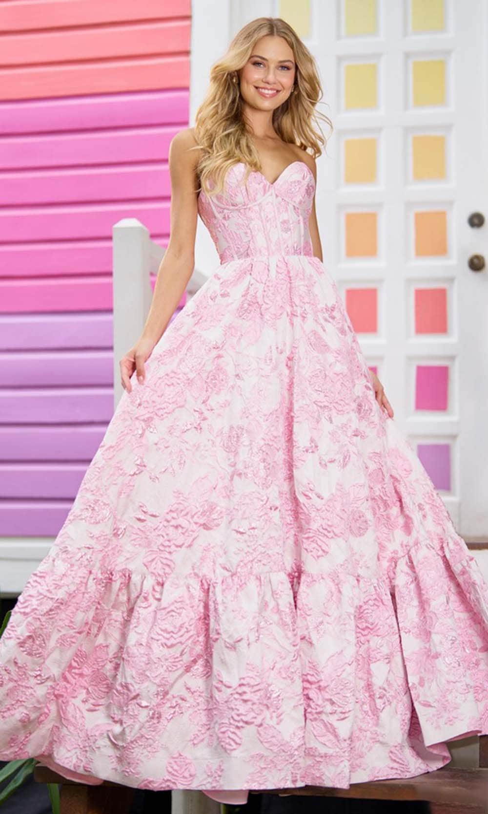 Sherri Hill Floral Brocade Prom Dress 56055 Pink / 10 Sherri Hill Floral Brocade Prom Dress 56055 Pink / 10