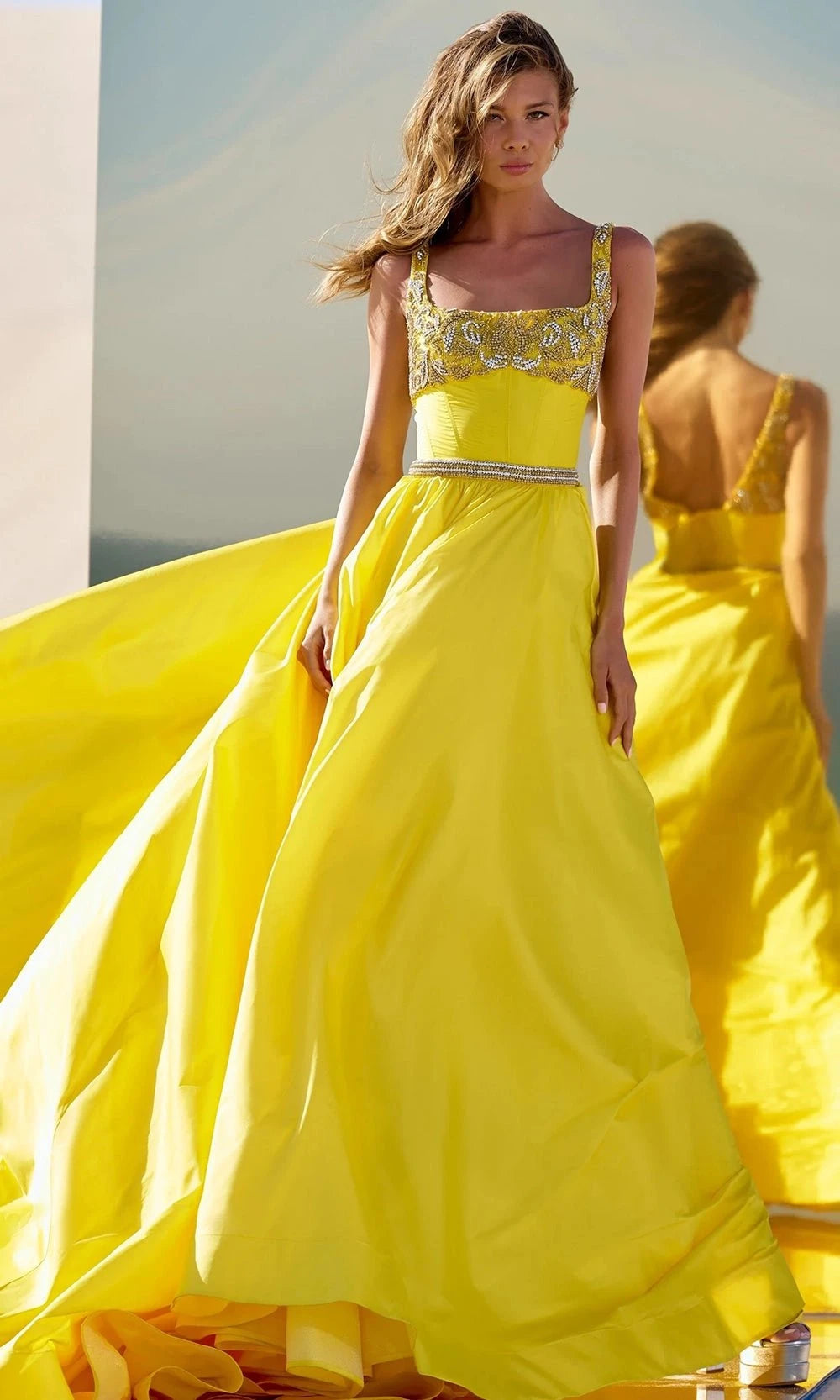 Ball Gown Yellow Square Neck Dress Sherri Hill 56434 Prom Dress Peacock NewYorkDress Ball Gown Yellow Square Neck Dress Sherri Hill 56434 Prom Dress Peacock NewYorkDress