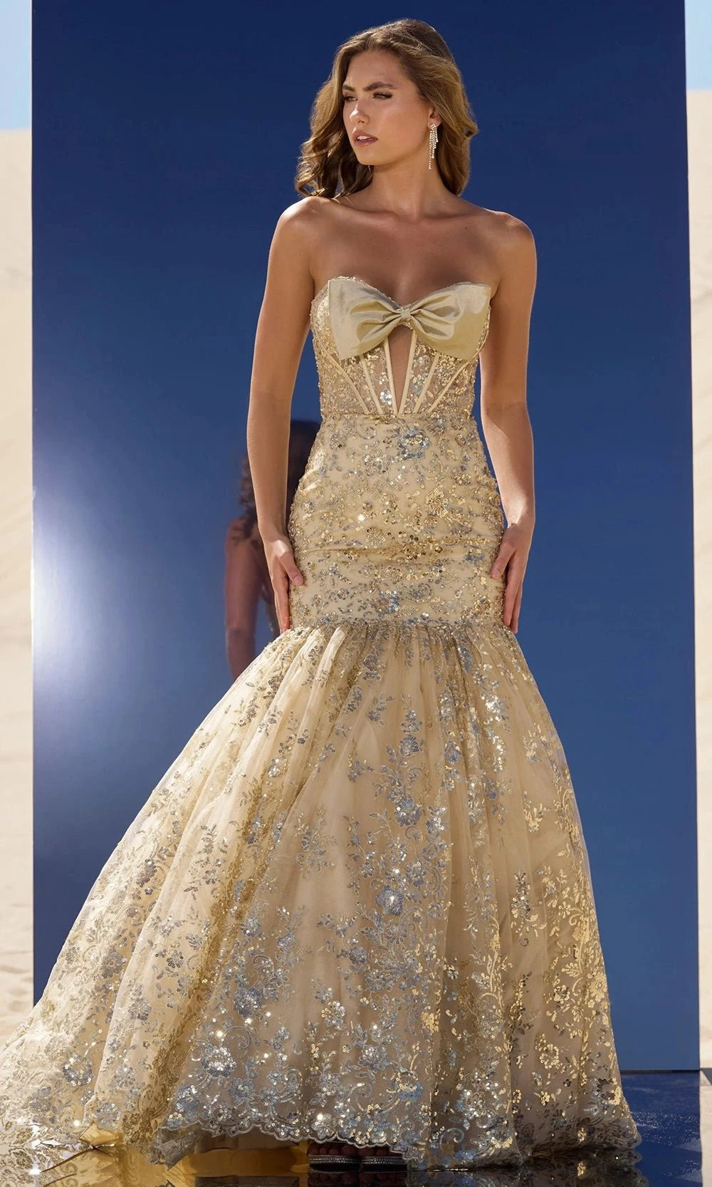 Sherri Hill 56775 - Long Trumpet Dress - Sheer Corset Bodice, Bow Detail, Sequin, Embroidery, Strapless Couture Candy Sherri Hill 56775 - Long Trumpet Dress - Sheer Corset Bodice, Bow Detail, Sequin, Embroidery, Strapless Couture Candy