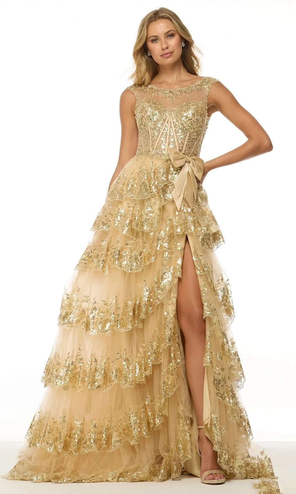 Sherri Hill 57000 - Long Ballgown - Sequin, Embroidery, Corset Bodice, Bow Accent, High Slit, Layered Tiered Skirt 000 / Light Blue - Shop Sherri Hill Sherri Hill 57000 - Long Ballgown - Sequin, Embroidery, Corset Bodice, Bow Accent, High Slit, Layered Tiered Skirt 000 / Light Blue - Shop Sherri Hill