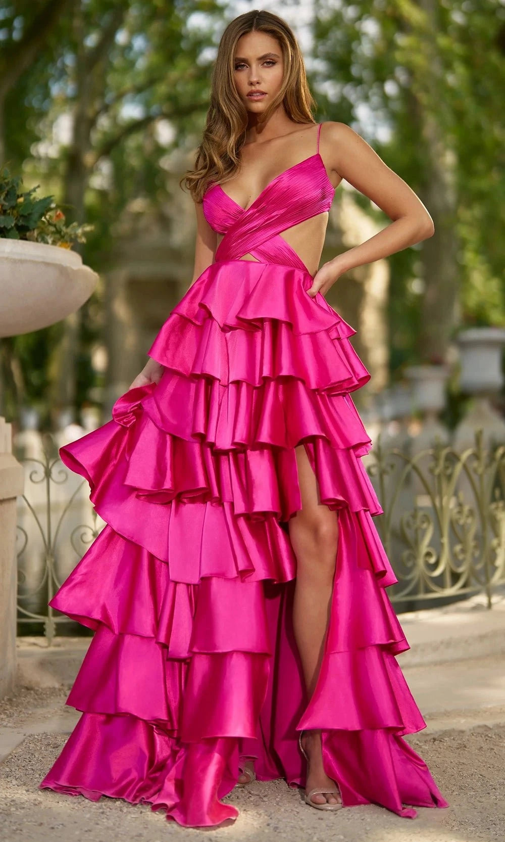 Sherri Hill 57009 - Long Satin A-Line Dress - Cutout Bodice, Crisscross Top, Layered Ruffle Skirt, High Slit Couture Candy Sherri Hill 57009 - Long Satin A-Line Dress - Cutout Bodice, Crisscross Top, Layered Ruffle Skirt, High Slit Couture Candy