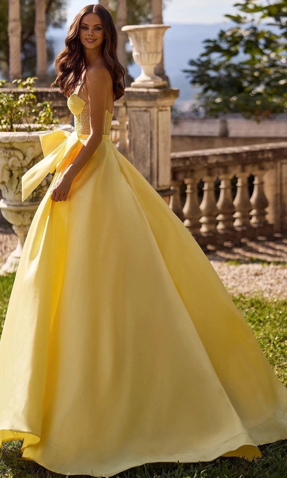 Sherri Hill 57035 - Long Mikado Ballgown - Strapless, See-Through Corset Bodice, Beaded Pearl Detailing, Oversized Bow 000 / Light Yellow - Shop Sherri Hill 57035 - Long Mikado Ballgown - Strapless, See-Through Corset Bodice, Beaded Pearl Detailing, Oversized Bow 000 / Light Yellow - Shop