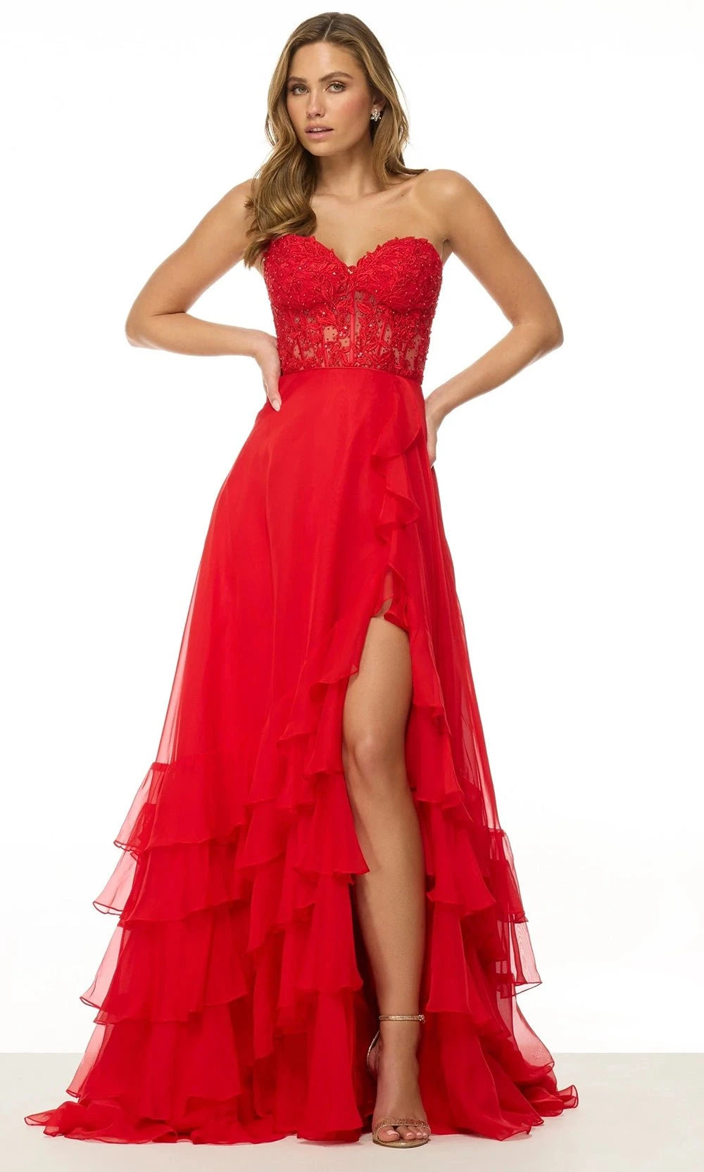 Sherri Hill 57129 - Long Chiffon A-line Dress - Strapless, Leaf Lace, Beaded, Corset Bodice, High Slit, Tiered Ruffle Skirt Couture Candy Sherri Hill 57129 - Long Chiffon A-line Dress - Strapless, Leaf Lace, Beaded, Corset Bodice, High Slit, Tiered Ruffle Skirt Couture Candy