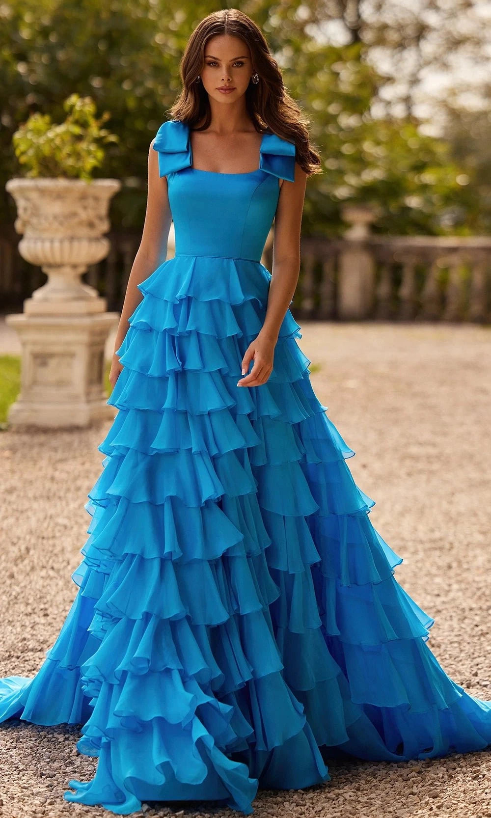 Sherri Hill 57215 - Long Satin, Chiffon A-Line Dress - Bow Shoulder Straps, Tiered Ruffle Skirt, High Slit, Open Scoop Back Couture Candy Sherri Hill 57215 - Long Satin, Chiffon A-Line Dress - Bow Shoulder Straps, Tiered Ruffle Skirt, High Slit, Open Scoop Back Couture Candy