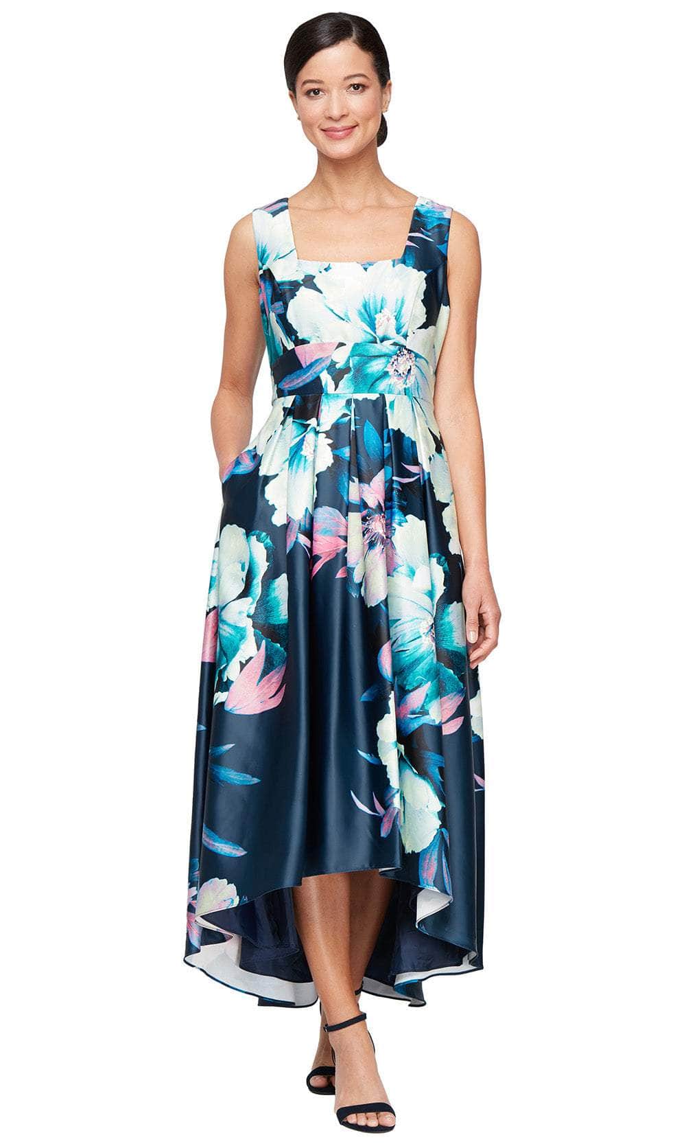 S.L. Fashions 9152126 - Floral Print High-Low Dress with Pockets S.L. Fashions 9152126 - Floral Print High-Low Dress with Pockets