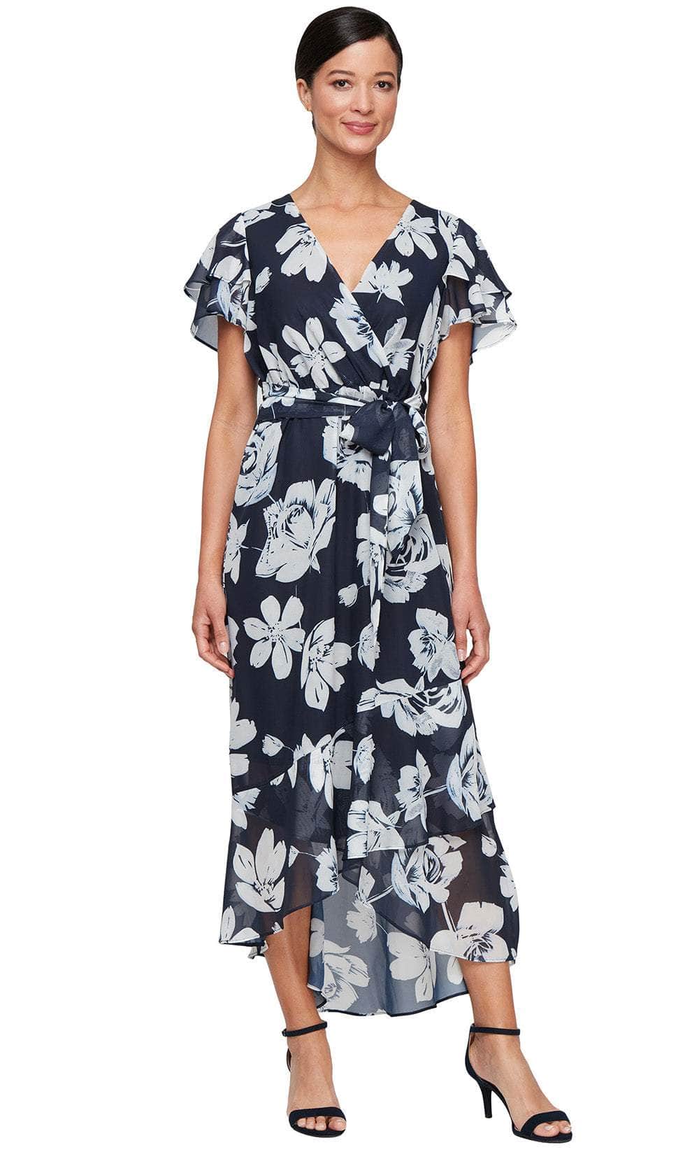 Sl Fashions Women's Flutter-Sleeve High-Low Dress - Navy Multi - Size 12 Sl Fashions Women's Flutter-Sleeve High-Low Dress - Navy Multi - Size 12