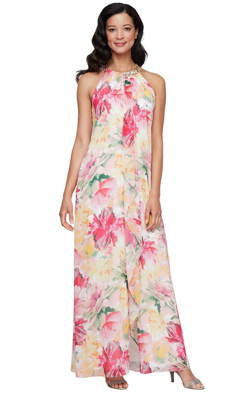 S.L. Fashions 9172135 - Halter Neck Floral Gown with Front S.L.it S.L. Fashions 9172135 - Halter Neck Floral Gown with Front S.L.it