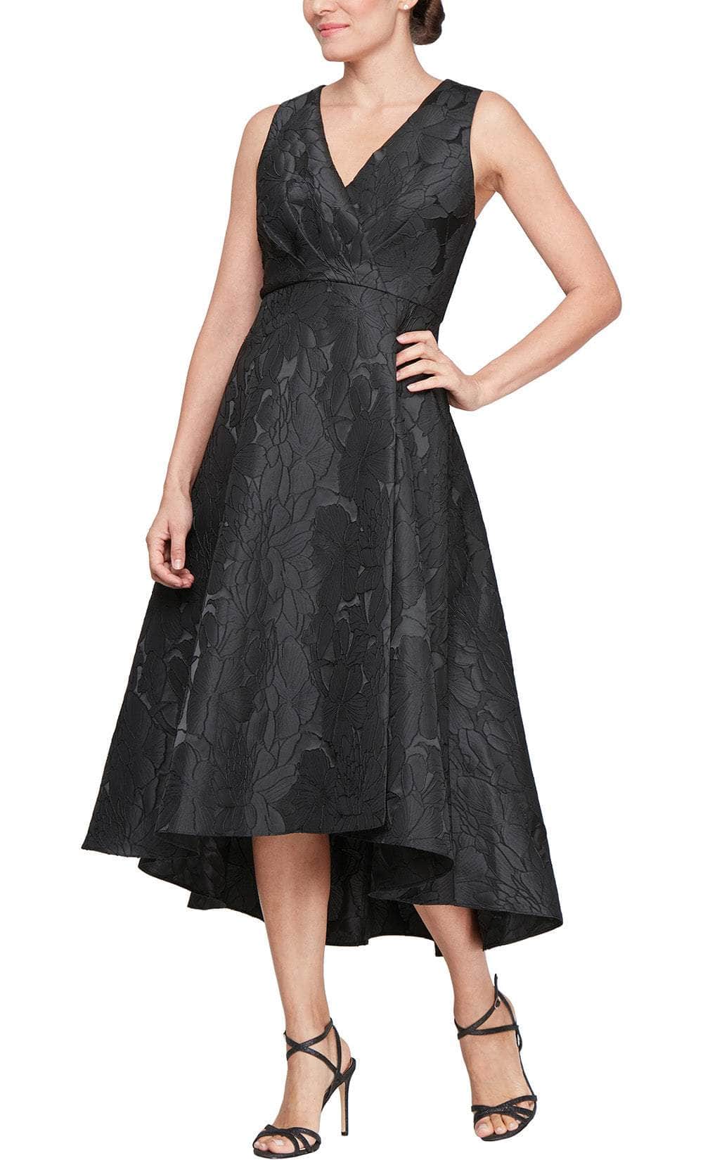 Sl Fashions Women's Jacquard V-Neck High-Low Dress - Black - Size 4 Sl Fashions Women's Jacquard V-Neck High-Low Dress - Black - Size 4