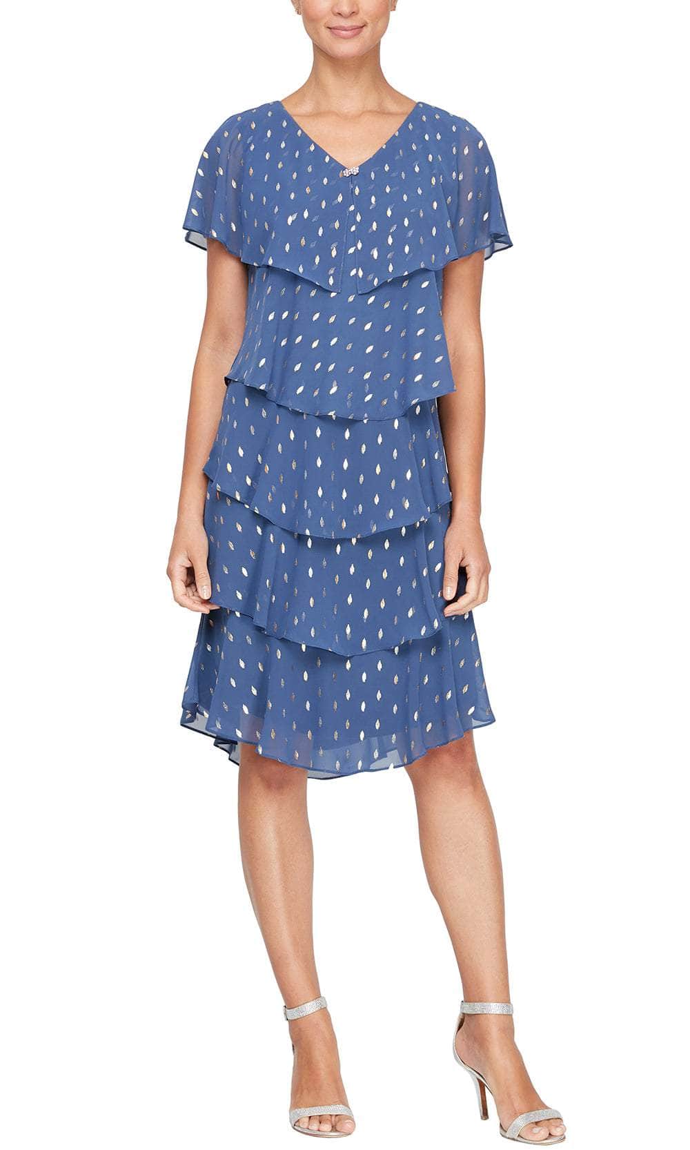 S.L. Fashions Women's Short Sleeve Metallic Print Pebble Tier Dress S.L. Fashions Women's Short Sleeve Metallic Print Pebble Tier Dress