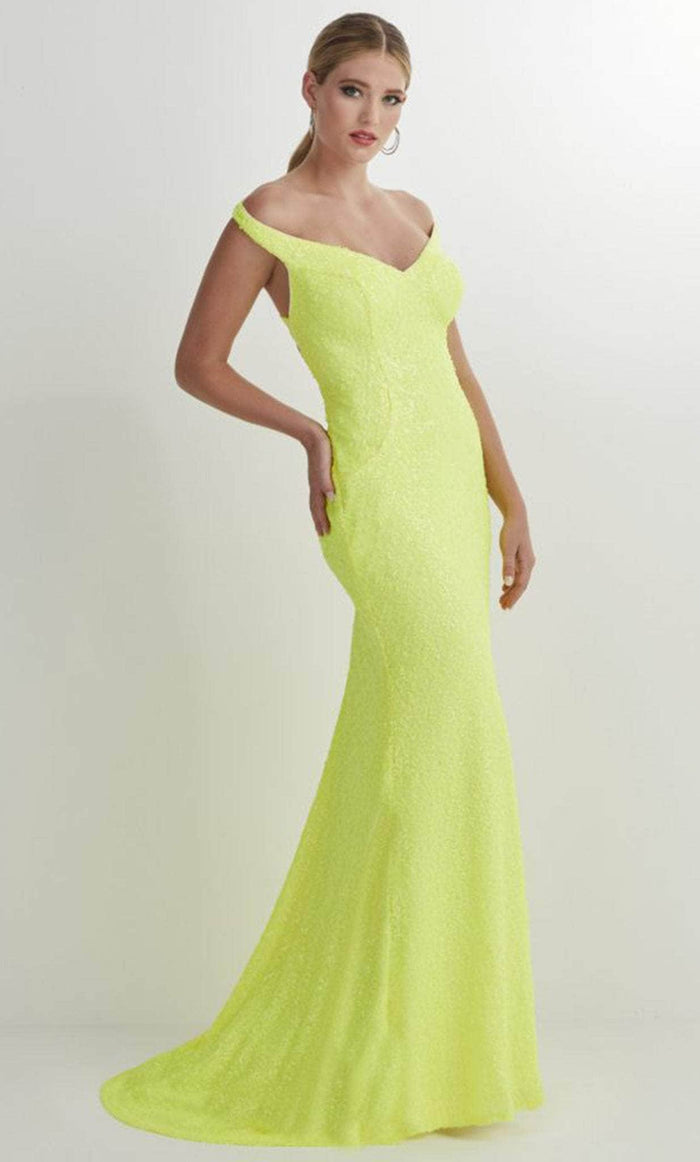Studio 17 Prom 12891 - Off Shoulder Crisscrossed Back Prom Gown Prom Dresses 0 / Neon Yellow