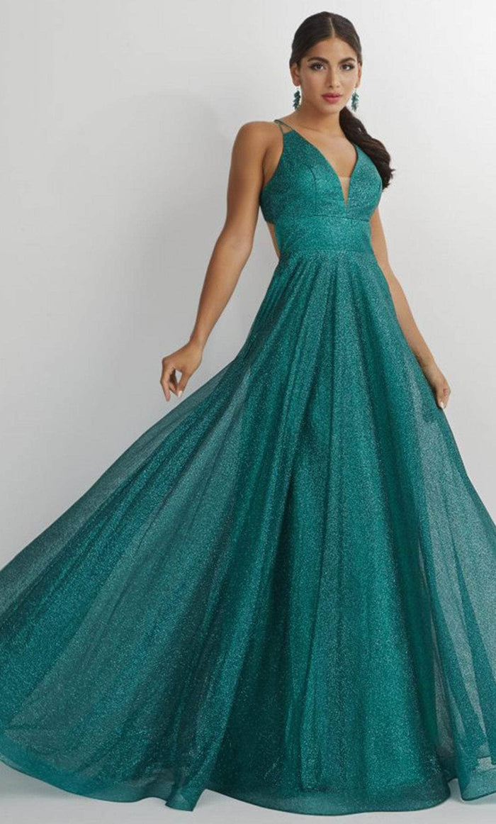 Studio 17 Prom 12895 - Glittered Plunging V-Neck Prom Gown Prom Dresses 0 / Emerald