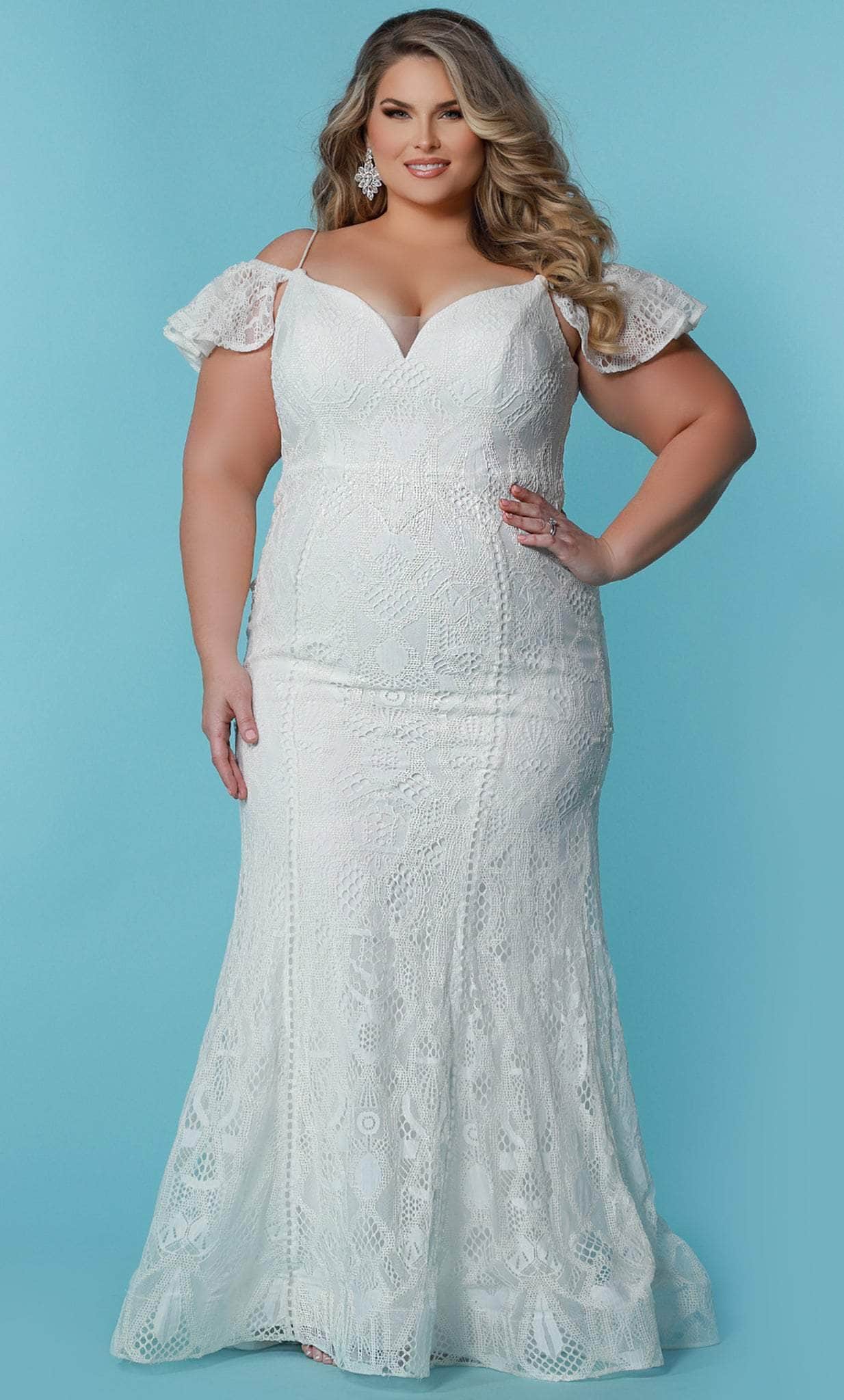 Sydney's Closet Bridal SC5297 - Lace Drape Sleeve V-Neck Wedding Dress Couture Candy Sydney's Closet Bridal SC5297 - Lace Drape Sleeve V-Neck Wedding Dress Couture Candy