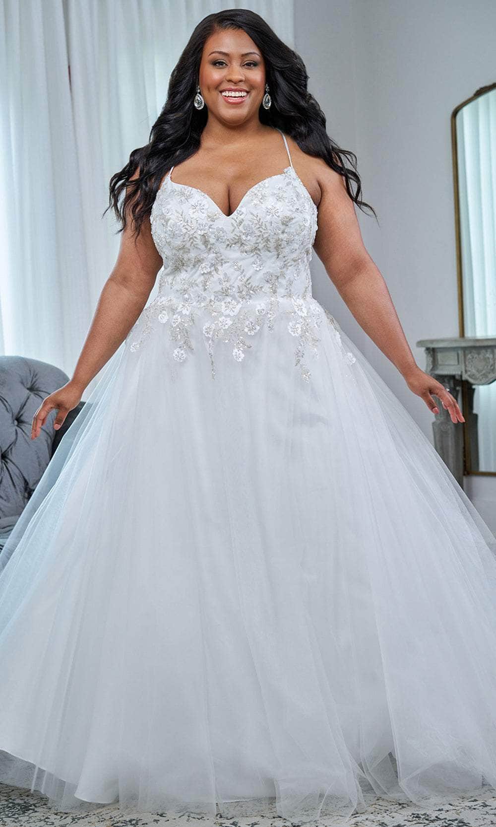 Sydney's Closet SC5345 - Long Tulle Ballgown Dress - Sweetheart neckline, spaghetti straps, floral applique bodice 28 / Ivory/Silver - Shop Sydney's Sydney's Closet SC5345 - Long Tulle Ballgown Dress - Sweetheart neckline, spaghetti straps, floral applique bodice 28 / Ivory/Silver - Shop Sydney's