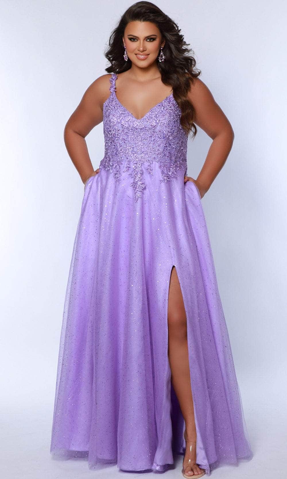 Sydney's Closet SC7384 - Lace Appliqued V-Neck Prom Dress Sydney's Closet SC7384 - Lace Appliqued V-Neck Prom Dress