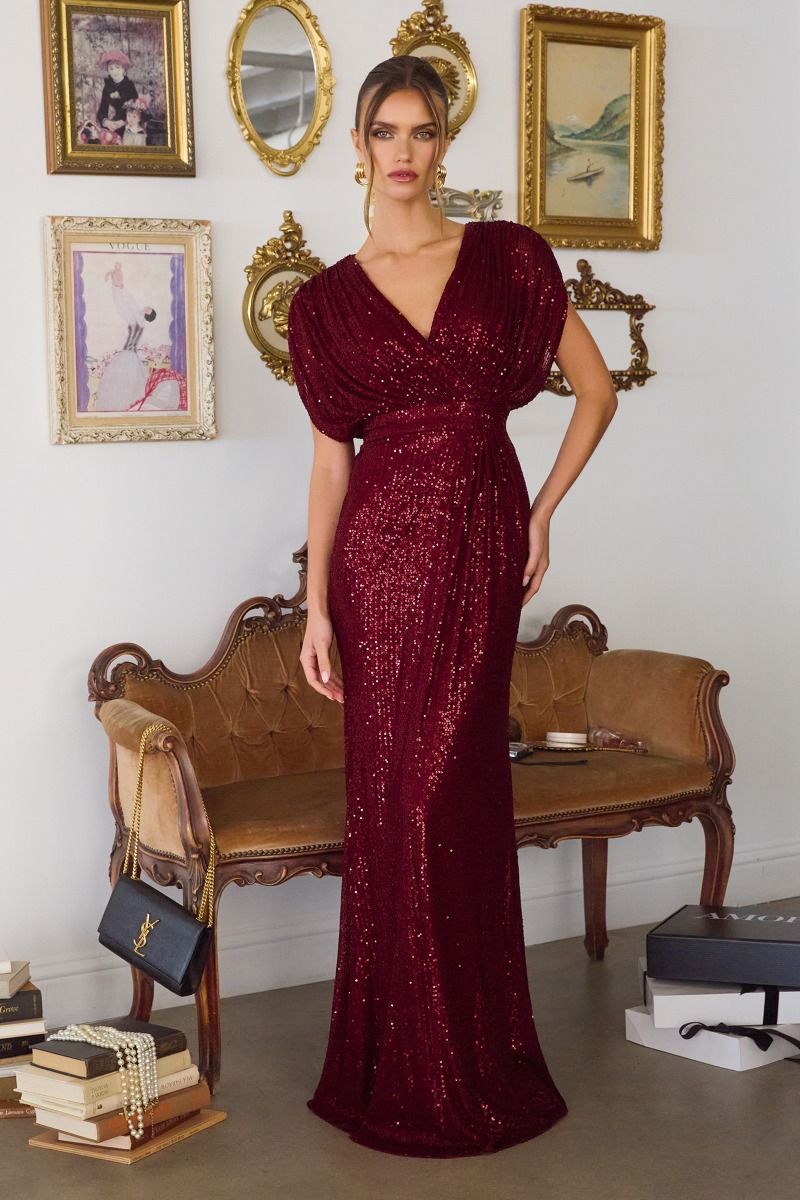 Amoris T101 Elegantly Draped Sequin Gown Emerald / 2X Amoris T101 Elegantly Draped Sequin Gown Emerald / 2X
