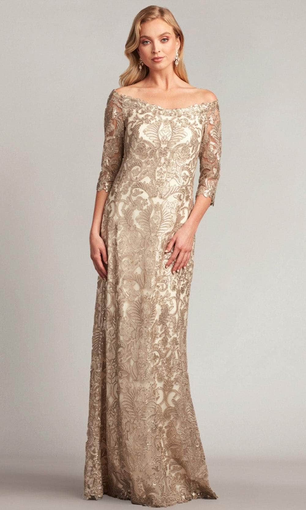Tadashi Shoji ATV18236L - Embroidered Quarter Sleeve Formal Gown Tadashi Shoji ATV18236L - Embroidered Quarter Sleeve Formal Gown