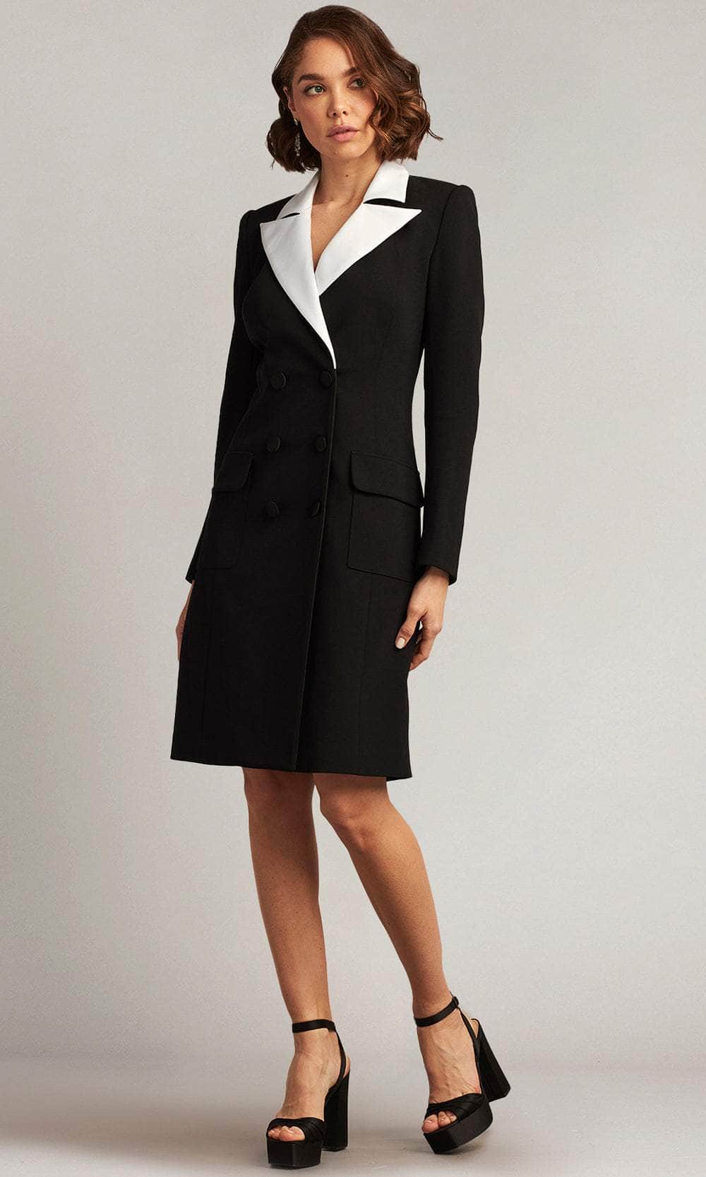 Tadashi Shoji BOS22835M - Knee Length Sheath Dress - Long Sleeve, Tuxedo Style, Peak Lapel, Satin-Covered Buttons, Flapped Pockets, Full Back, Fitted Couture Candy Tadashi Shoji BOS22835M - Knee Length Sheath Dress - Long Sleeve, Tuxedo Style, Peak Lapel, Satin-Covered Buttons, Flapped Pockets, Full Back, Fitted Couture Candy