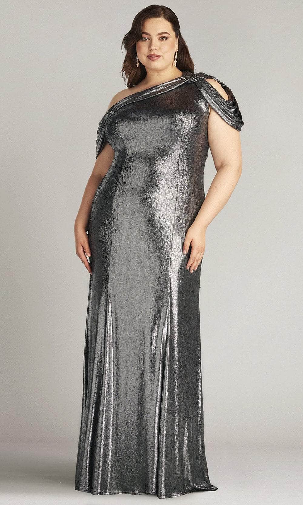 Tadashi Shoji BSJ22037LQ - Long Metallic Jersey Column Dress - Draped Sleeves, Ruched Details, Cut-Out, Seams, Side Zipper, Small Train Couture Candy Tadashi Shoji BSJ22037LQ - Long Metallic Jersey Column Dress - Draped Sleeves, Ruched Details, Cut-Out, Seams, Side Zipper, Small Train Couture Candy