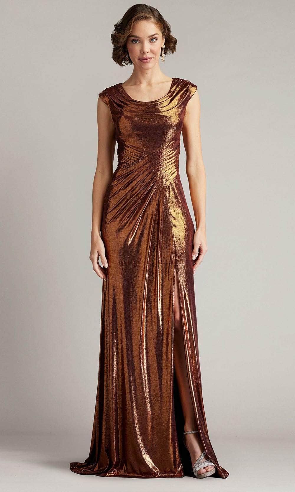 Tadashi Shoji BSJ24459L - Long Metallic Jersey Sheath Dress - Cap Sleeves, Draped Accents, Gathered Skirt, Full Back, High Slit, Sweep Train Couture Candy Tadashi Shoji BSJ24459L - Long Metallic Jersey Sheath Dress - Cap Sleeves, Draped Accents, Gathered Skirt, Full Back, High Slit, Sweep Train Couture Candy