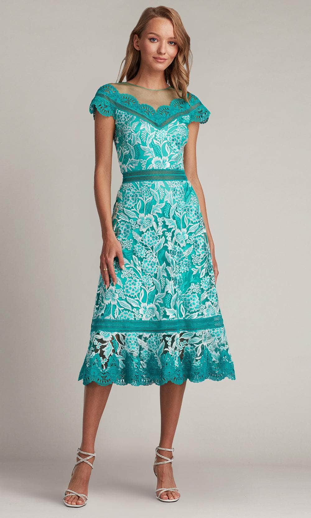 Tadashi Shoji CDP24054MD - Tea Length A-Line Dress - Short Sleeve, Scalloped Lace, Embroidery, Wide Waistband, V-Back, Back Zipper Couture Candy Tadashi Shoji CDP24054MD - Tea Length A-Line Dress - Short Sleeve, Scalloped Lace, Embroidery, Wide Waistband, V-Back, Back Zipper Couture Candy