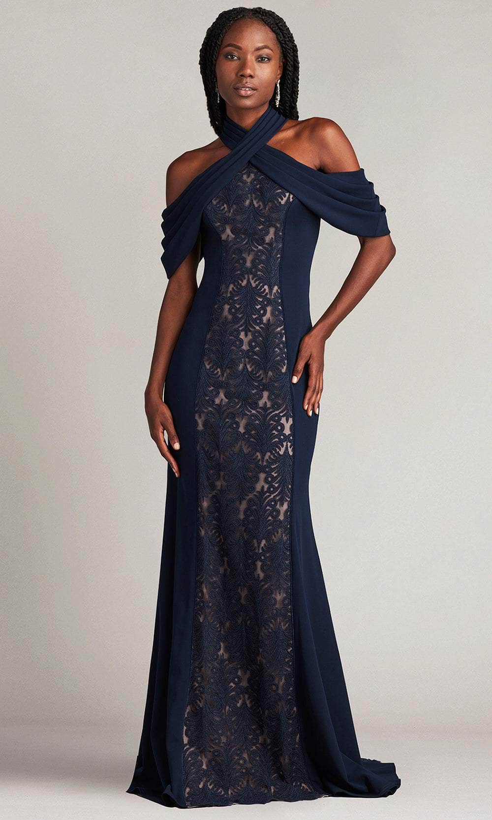 Tadashi Shoji Women's Kato Embroidered Off-Shoulder Halter Gown - Navy Tadashi Shoji Women's Kato Embroidered Off-Shoulder Halter Gown - Navy