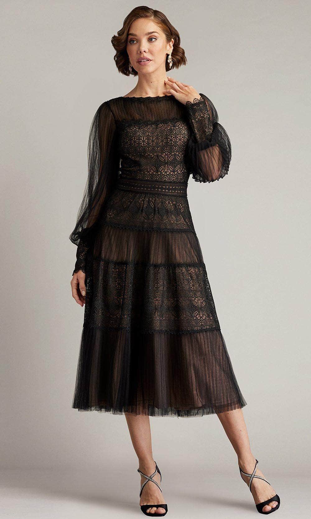 Tadashi Shoji CFW24593MD - Tea Length Lace/Tulle/Mesh A-Line Dress - Sheer Bishop Sleeves, Pleated Details, Full Back, Tea Length Hem Couture Candy Tadashi Shoji CFW24593MD - Tea Length Lace/Tulle/Mesh A-Line Dress - Sheer Bishop Sleeves, Pleated Details, Full Back, Tea Length Hem Couture Candy