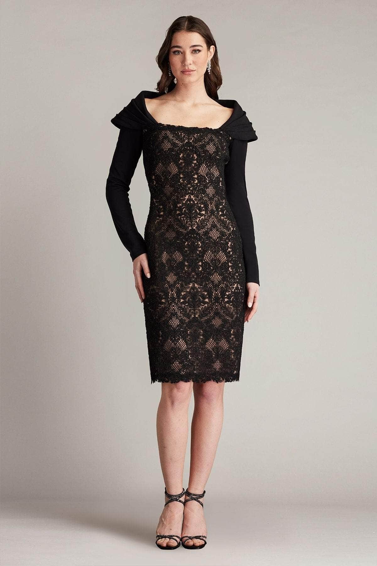Tadashi Shoji CGC24684M - Knee Length Lace Sheath Dress - Long Sleeves, Shawl Like Detail, Lace Design, Knee Length Hem Couture Candy Tadashi Shoji CGC24684M - Knee Length Lace Sheath Dress - Long Sleeves, Shawl Like Detail, Lace Design, Knee Length Hem Couture Candy