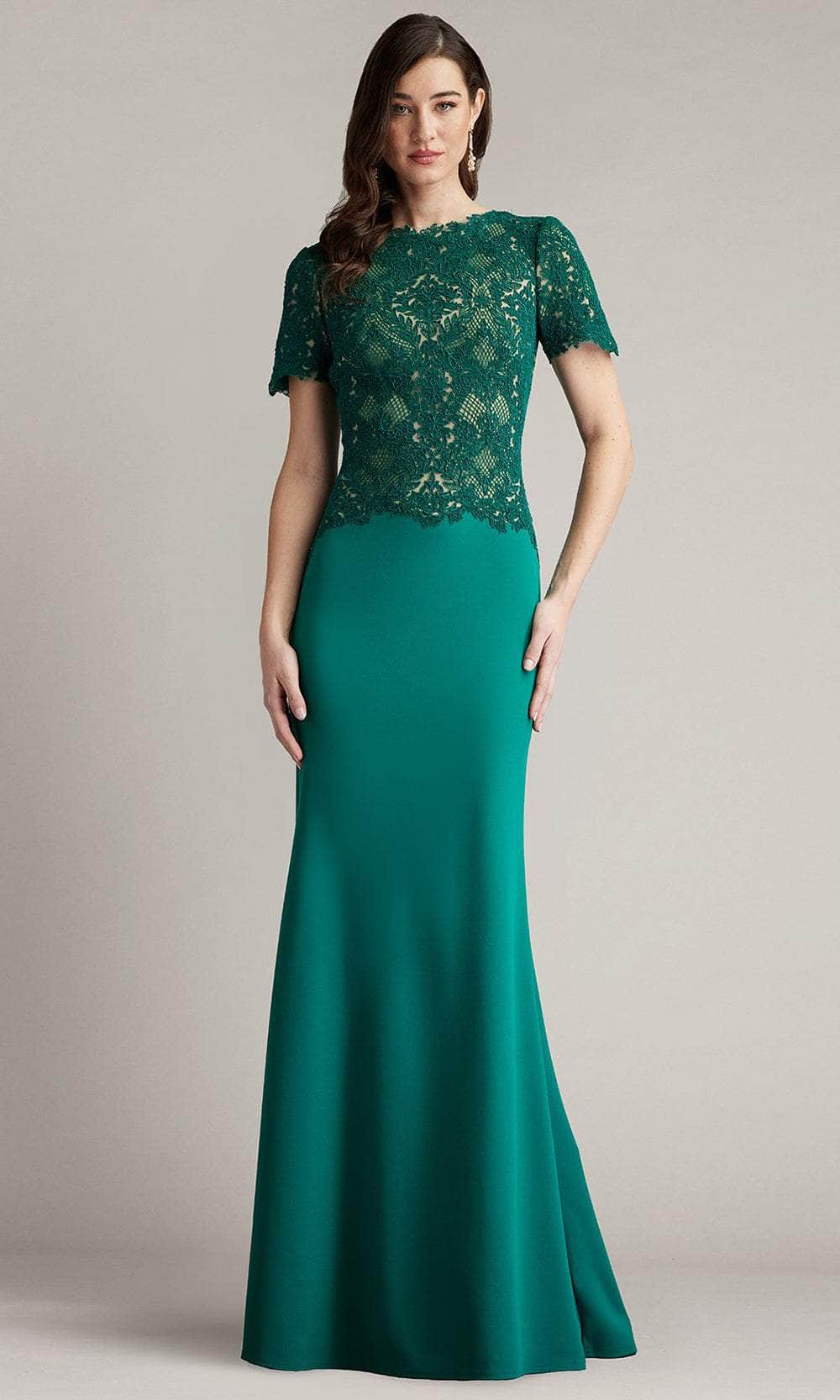Tadashi Shoji CGC24685L - Long Lace/Crepe Trumpet Dress - Short Sleeves, Scalloped Details, Sweep Train Couture Candy Tadashi Shoji CGC24685L - Long Lace/Crepe Trumpet Dress - Short Sleeves, Scalloped Details, Sweep Train Couture Candy