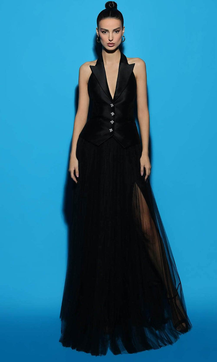 Tarik Ediz 53097 - Sleeveless V-Neck A-line Gown Prom Dresses 0 / Black
