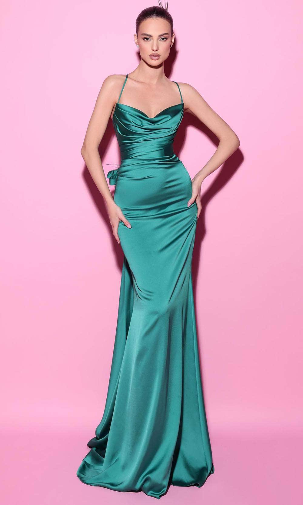 Tarik Ediz 54014 - Long Satin Sheath Dress - Spaghetti Strap, Ruched, Sleeveless, Open Lace-Up Back, Bow and Feathers Accent, Sweep Train, Back Godet Couture Candy Tarik Ediz 54014 - Long Satin Sheath Dress - Spaghetti Strap, Ruched, Sleeveless, Open Lace-Up Back, Bow and Feathers Accent, Sweep Train, Back Godet Couture Candy