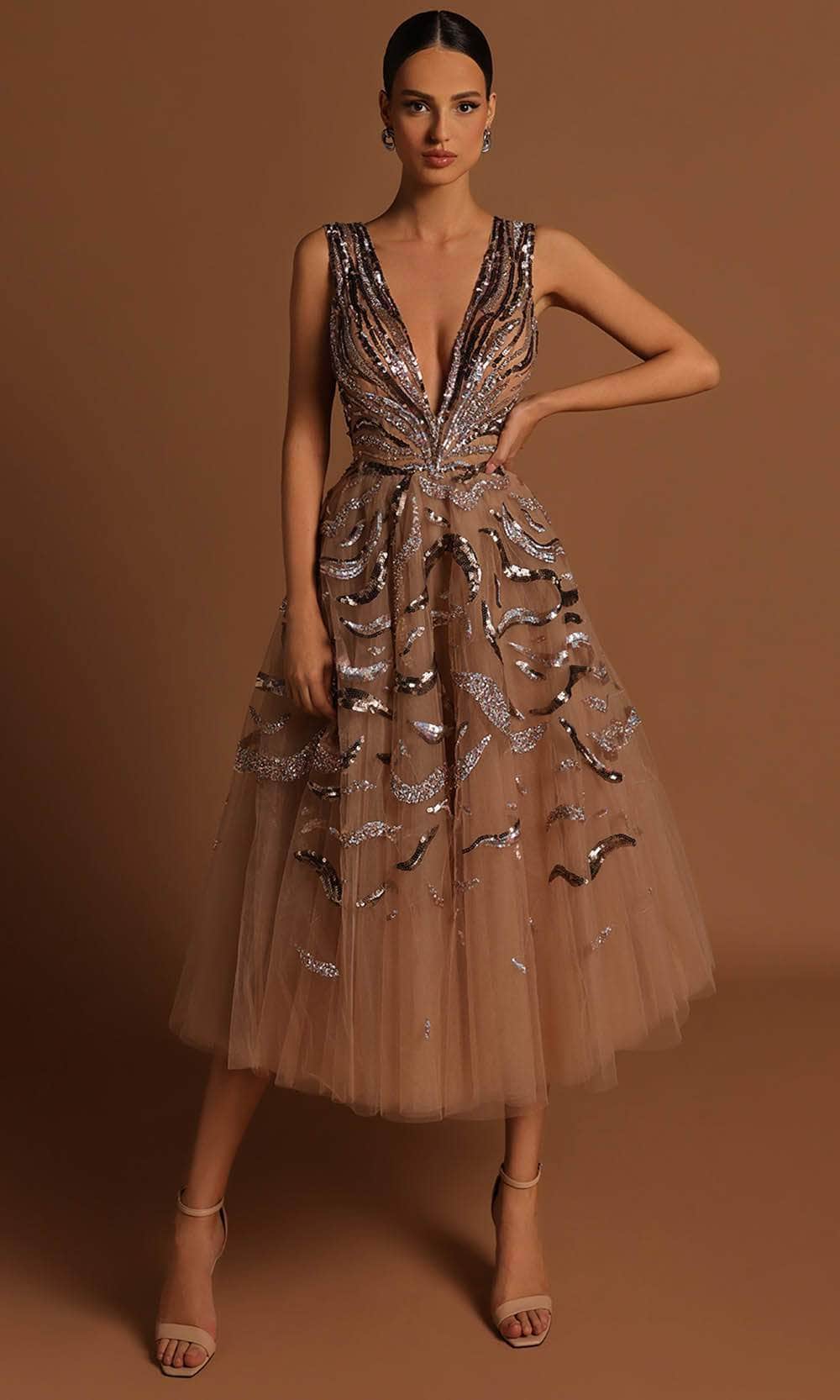 Tarik Ediz 98559 - V-Neck Sequin Embellished Dress Tarik Ediz 98559 - V-Neck Sequin Embellished Dress