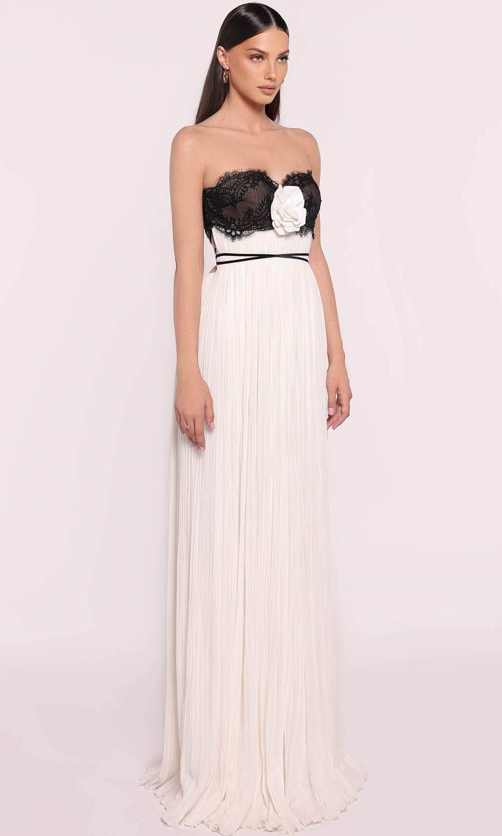 Tarik Ediz 98773 - Long Chiffon A-Line Dress - Lace Bust with Floral Accent, Wrap Strap Waist, Shirring, Bandeau Back with a Low Cutout, Pleated Skirt, Sweep Train Couture Candy Tarik Ediz 98773 - Long Chiffon A-Line Dress - Lace Bust with Floral Accent, Wrap Strap Waist, Shirring, Bandeau Back with a Low Cutout, Pleated Skirt, Sweep Train Couture Candy