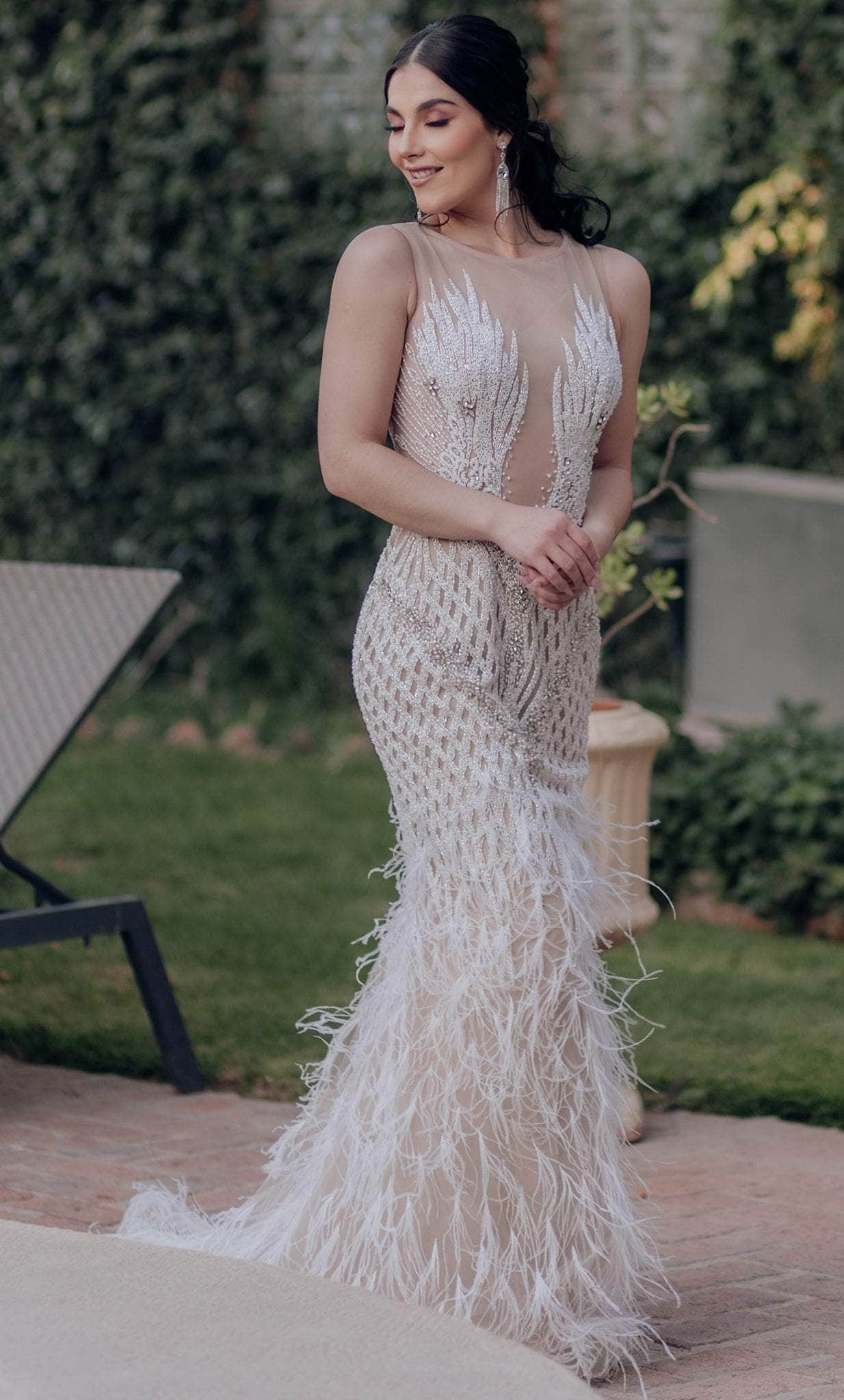 Terani Couture 232GL1436 - Long Tulle Mermaid Dress - Sleeveless, Embroidered, Feather Details, Beaded, Train, Back Zipper Closure 16 / Ivory Nude - Terani Couture 232GL1436 - Long Tulle Mermaid Dress - Sleeveless, Embroidered, Feather Details, Beaded, Train, Back Zipper Closure 16 / Ivory Nude -