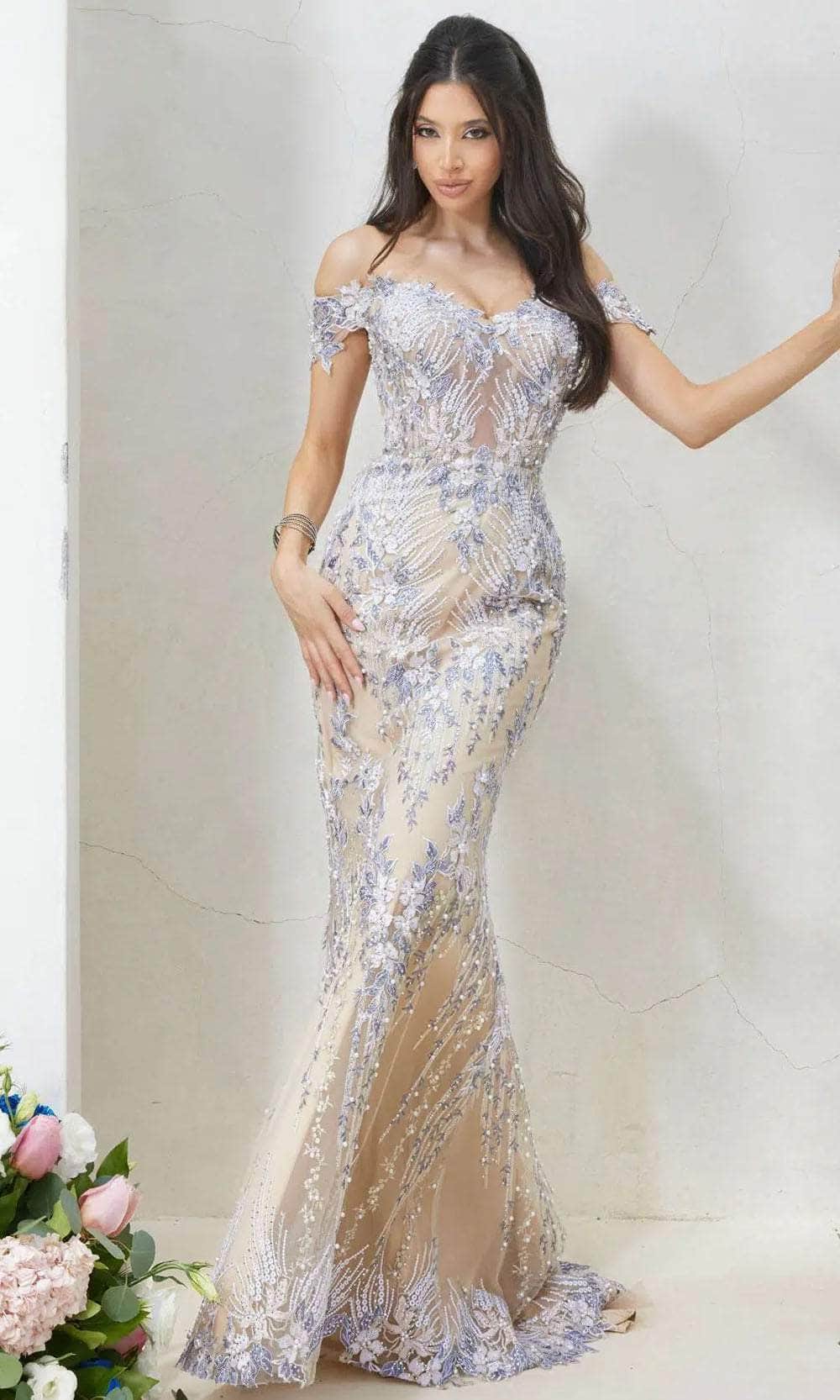 Terani Couture 232GL1493 - Long Tulle Trumpet Dress - Off-Shoulder, Embroidered, Back Zipper Closure, Train 12 / Cream Nude - Shop Terani Couture Terani Couture 232GL1493 - Long Tulle Trumpet Dress - Off-Shoulder, Embroidered, Back Zipper Closure, Train 12 / Cream Nude - Shop Terani Couture