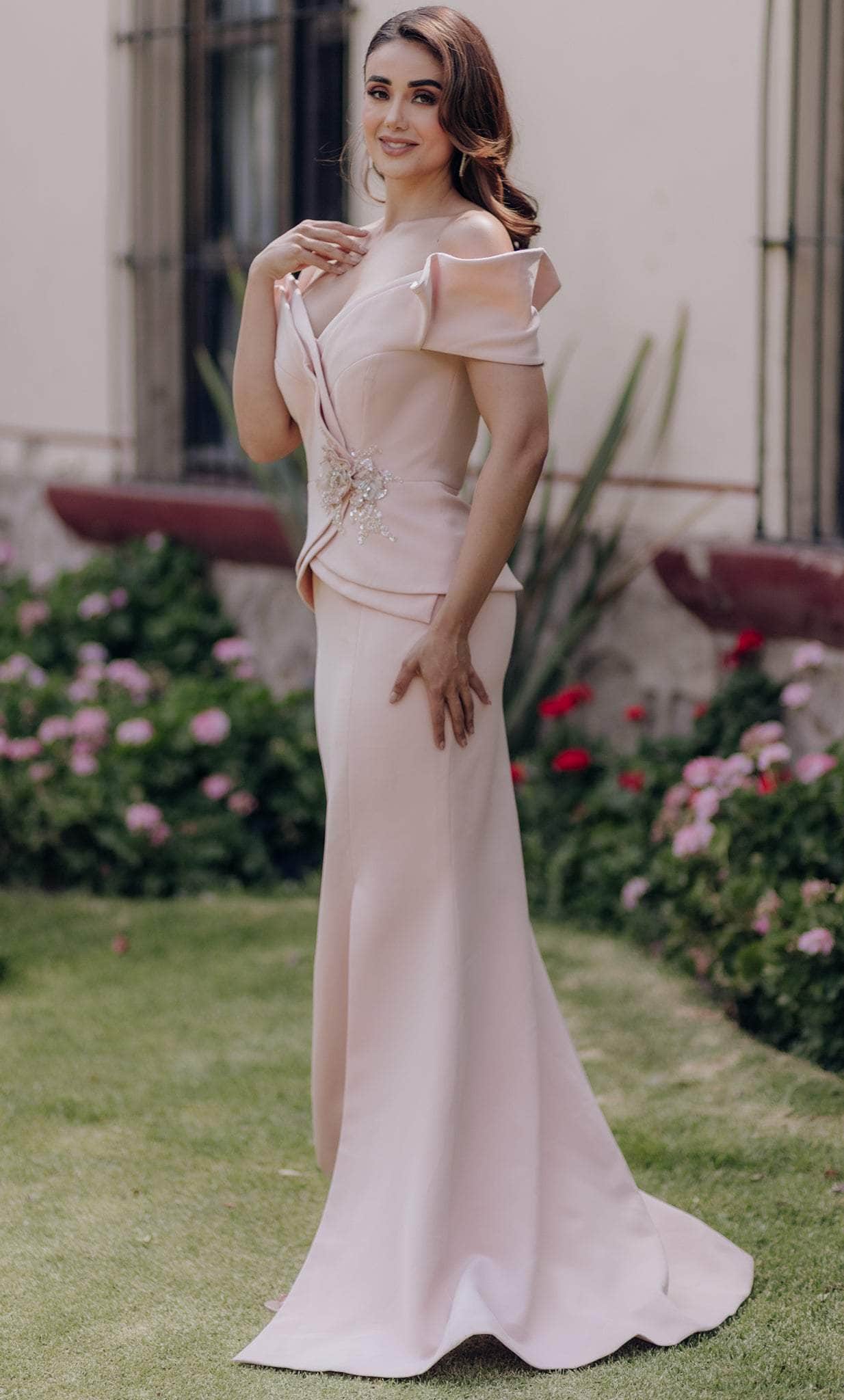Terani Couture 232M1560 - Long 2 Way Stretch Satin Mermaid Dress - 3D Flower Embellished, Seams, Knee-Length Slit, Train, Peplum Style Couture Candy Terani Couture 232M1560 - Long 2 Way Stretch Satin Mermaid Dress - 3D Flower Embellished, Seams, Knee-Length Slit, Train, Peplum Style Couture Candy