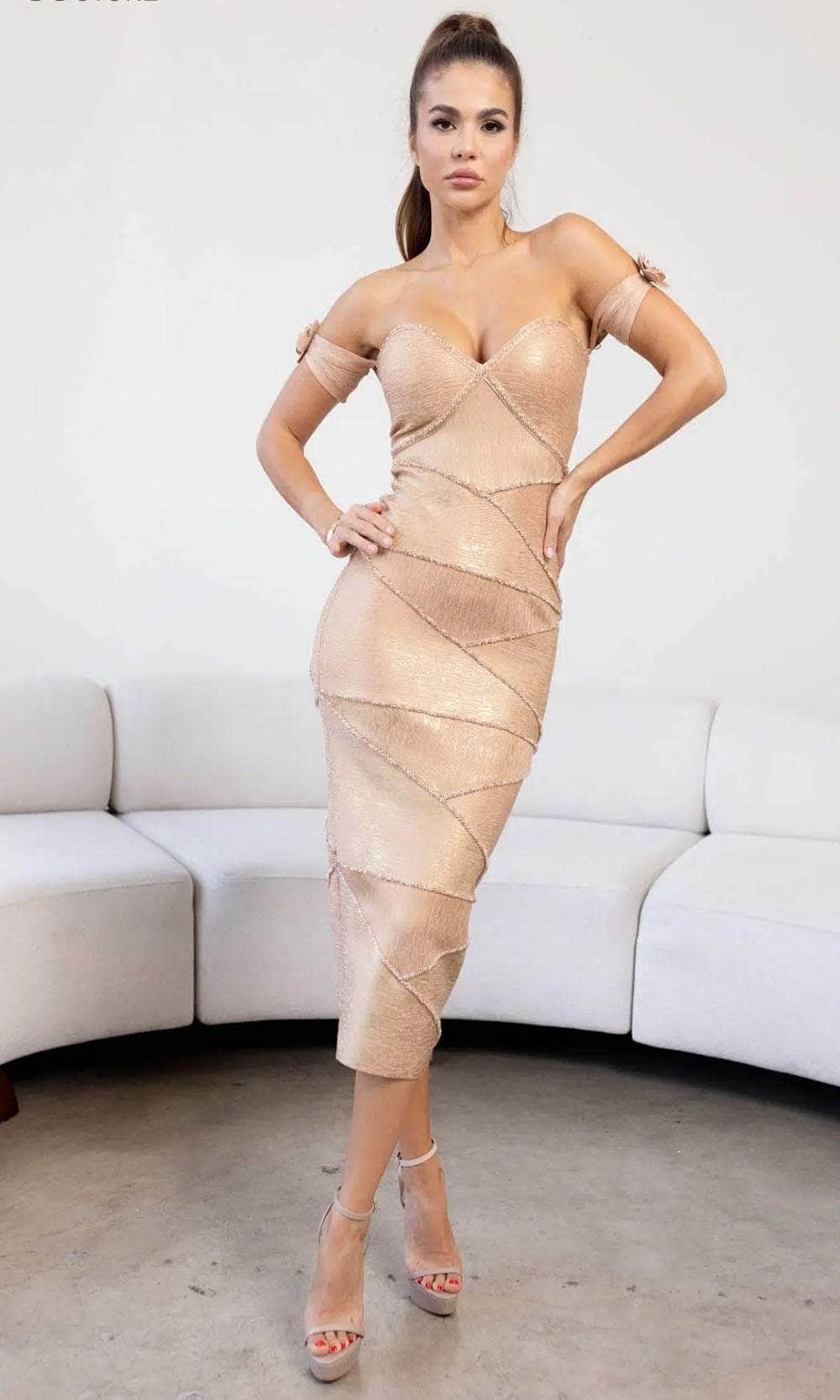 Women's | Terani Couture 241c2318 Off Shoulder Bodycon Metallic Jacquard Rose Evening Dress 12 Women's | Terani Couture 241c2318 Off Shoulder Bodycon Metallic Jacquard Rose Evening Dress 12
