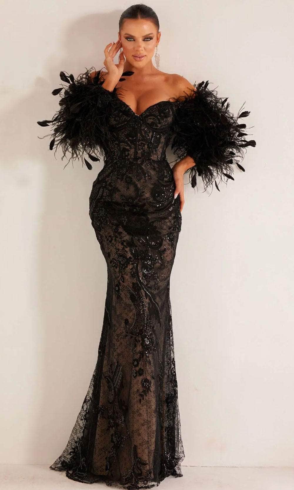 Terani Couture 241E2479 - Long Point D'esprit Sheath Dress - Off-Shoulder, Feather Accented Long Sleeves, Corset Bodice, Embroideries, Back Zipper Closure, Train Couture Candy Terani Couture 241E2479 - Long Point D'esprit Sheath Dress - Off-Shoulder, Feather Accented Long Sleeves, Corset Bodice, Embroideries, Back Zipper Closure, Train Couture Candy