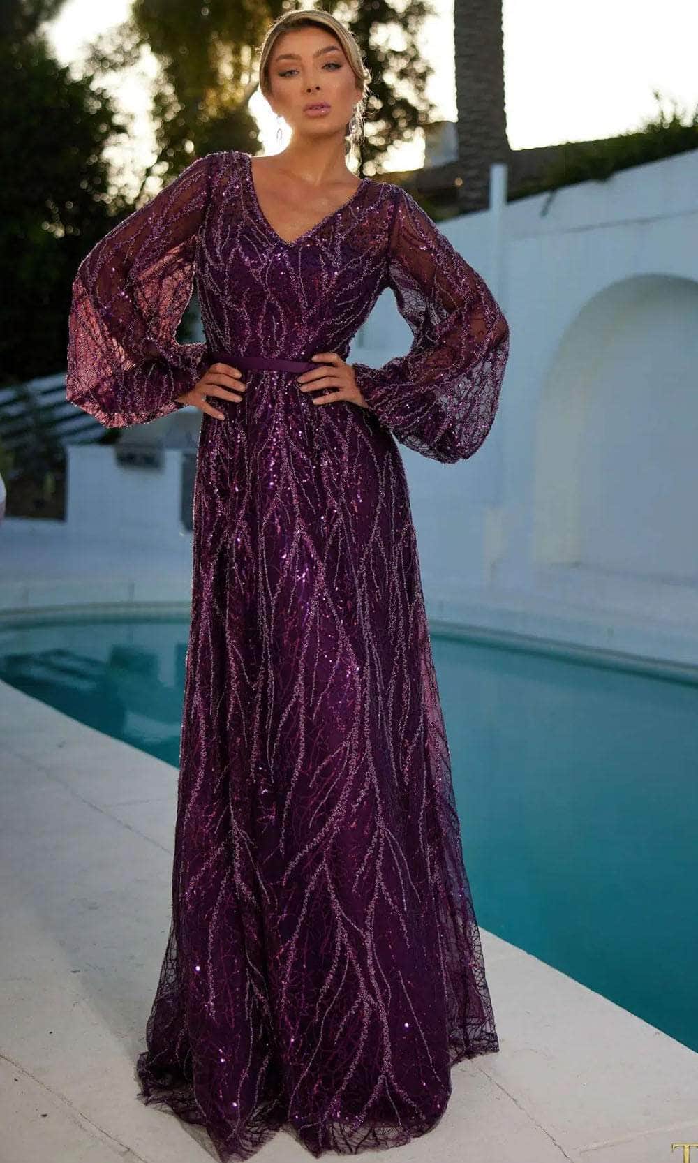 Terani Couture 241M2739 - Long Lace on Tulle A-line Dress - Bishop Long Sleeves, Thin Waistband, Beaded, Back Zipper Closure, Full Back Train Couture Candy Terani Couture 241M2739 - Long Lace on Tulle A-line Dress - Bishop Long Sleeves, Thin Waistband, Beaded, Back Zipper Closure, Full Back Train Couture Candy