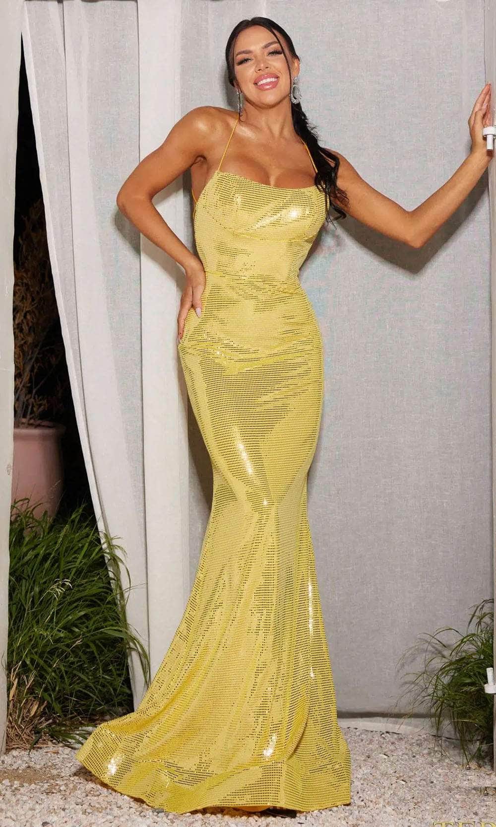 Terani Couture 241P2135 - Long Sequins Sheath Dress - Spaghetti Straps, Lace Up Back, Brush Train Couture Candy Terani Couture 241P2135 - Long Sequins Sheath Dress - Spaghetti Straps, Lace Up Back, Brush Train Couture Candy