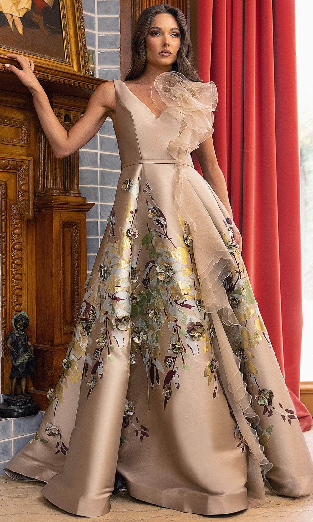 Terani Couture 242M3369 - Long Printed Jacquard Ballgown - Sleeveless, Seams, 3D Floral Embellished, Back Zipper Closure Couture Candy Terani Couture 242M3369 - Long Printed Jacquard Ballgown - Sleeveless, Seams, 3D Floral Embellished, Back Zipper Closure Couture Candy