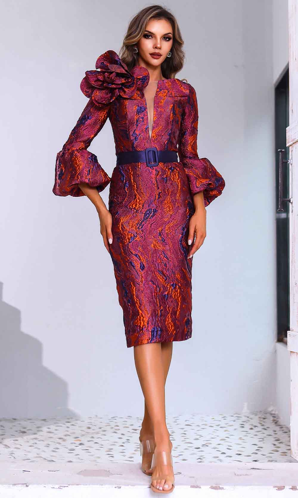 Terani Couture 251C4167 - Quarter Sleeve Lava Jacquard Cocktail Dress Terani Couture 251C4167 - Quarter Sleeve Lava Jacquard Cocktail Dress