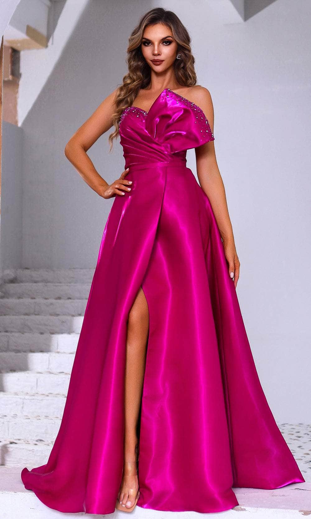 Terani Couture 251E4051 - Bow Detailed Asymmetric Neck Evening Gown Terani Couture 251E4051 - Bow Detailed Asymmetric Neck Evening Gown