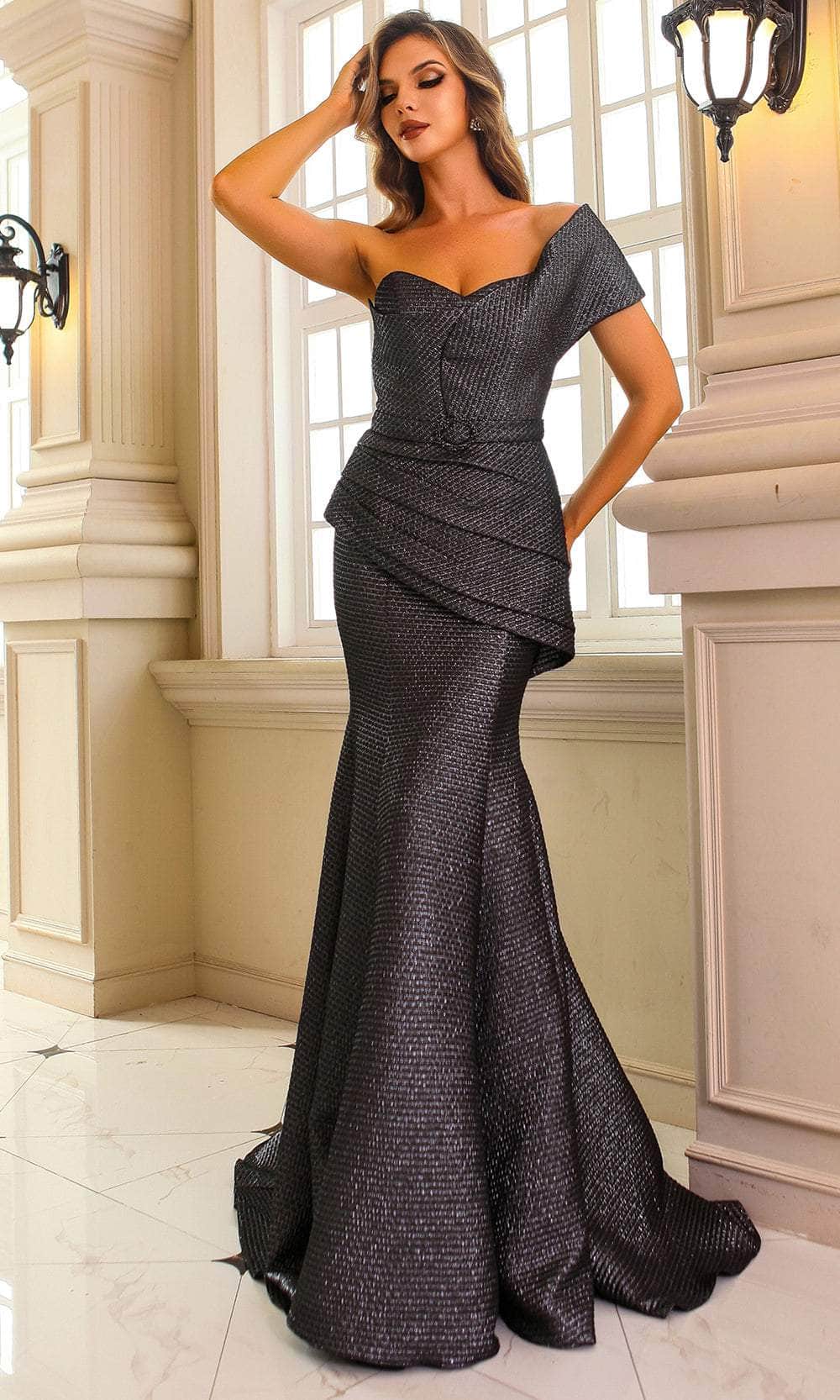 Sophisticated Elegant Wedding Trumpet Evening Jacquard Dress 251M4401 by Terani Couture Steel / 22 Sophisticated Elegant Wedding Trumpet Evening Jacquard Dress 251M4401 by Terani Couture Steel / 22
