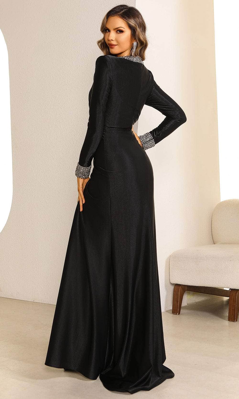 Terani Couture 251M4433 - Long Stretch Metallic Sheath Dress - Long Sleeve, Ruched, Beaded Trim, High Slit, Wrap Skirt, Full Back, Fitted Bodice - Terani Couture 251M4433 - Long Stretch Metallic Sheath Dress - Long Sleeve, Ruched, Beaded Trim, High Slit, Wrap Skirt, Full Back, Fitted Bodice -