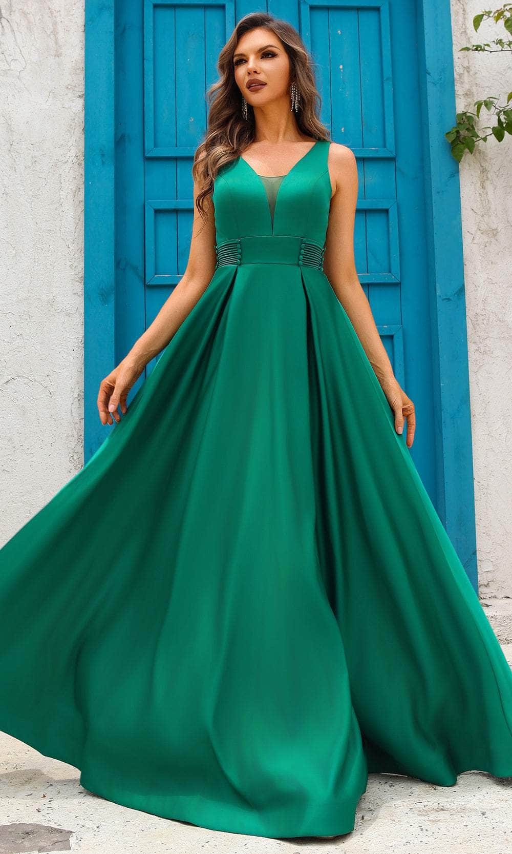 Terani Couture 251P4113 - Long Satin A-Line Dress - Wide Straps, Sleeveless, Box Pleated, Wide Waistband, Low Open Back, Floor Length 14 / Emerald - Terani Couture 251P4113 - Long Satin A-Line Dress - Wide Straps, Sleeveless, Box Pleated, Wide Waistband, Low Open Back, Floor Length 14 / Emerald -