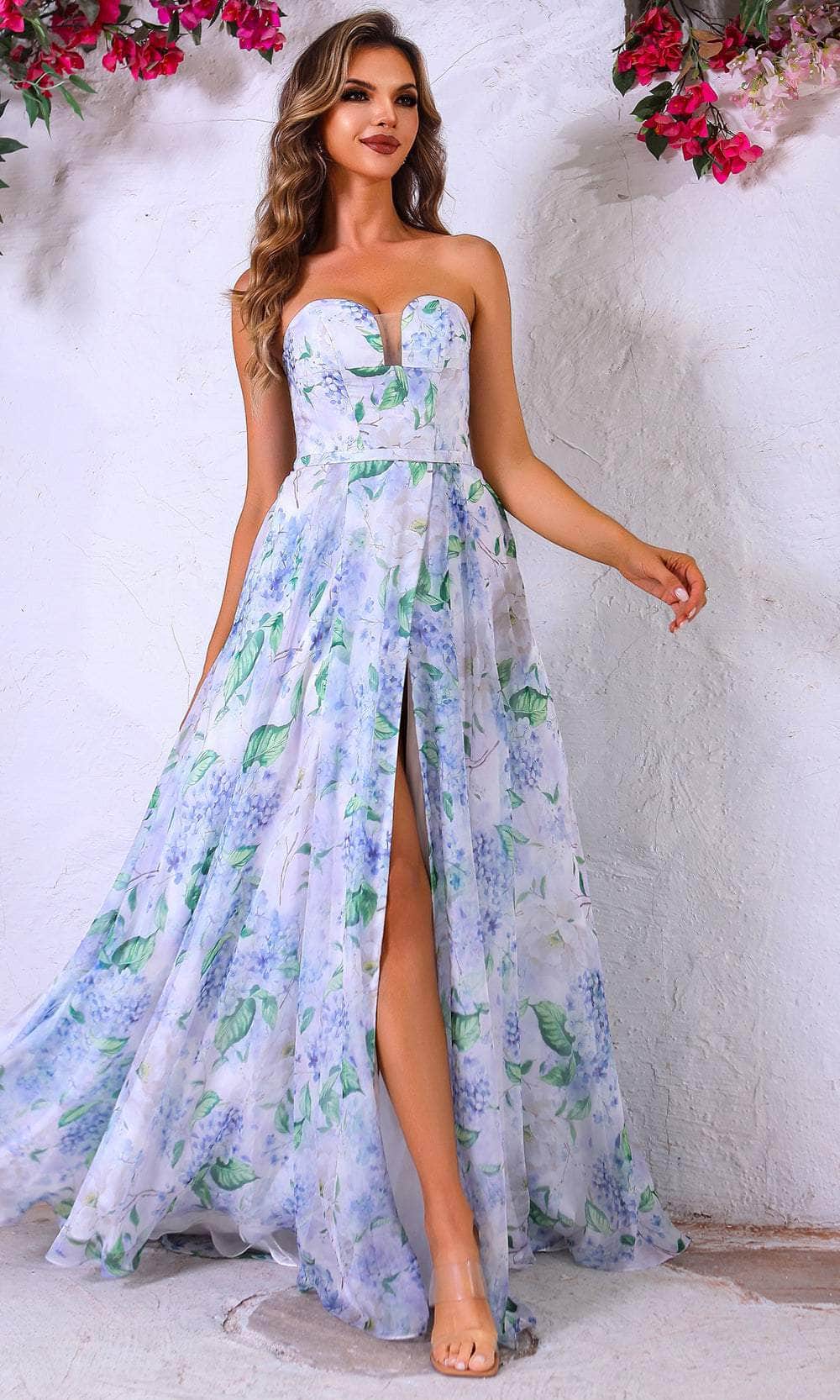 Terani Couture 251P4142 - Long Chiffon A-Line Dress - Strapless, Fitted Bodice, Seams, Sheer Insert, Back Zipper Closure, Slit, Train 6 / Ivory Multi Terani Couture 251P4142 - Long Chiffon A-Line Dress - Strapless, Fitted Bodice, Seams, Sheer Insert, Back Zipper Closure, Slit, Train 6 / Ivory Multi