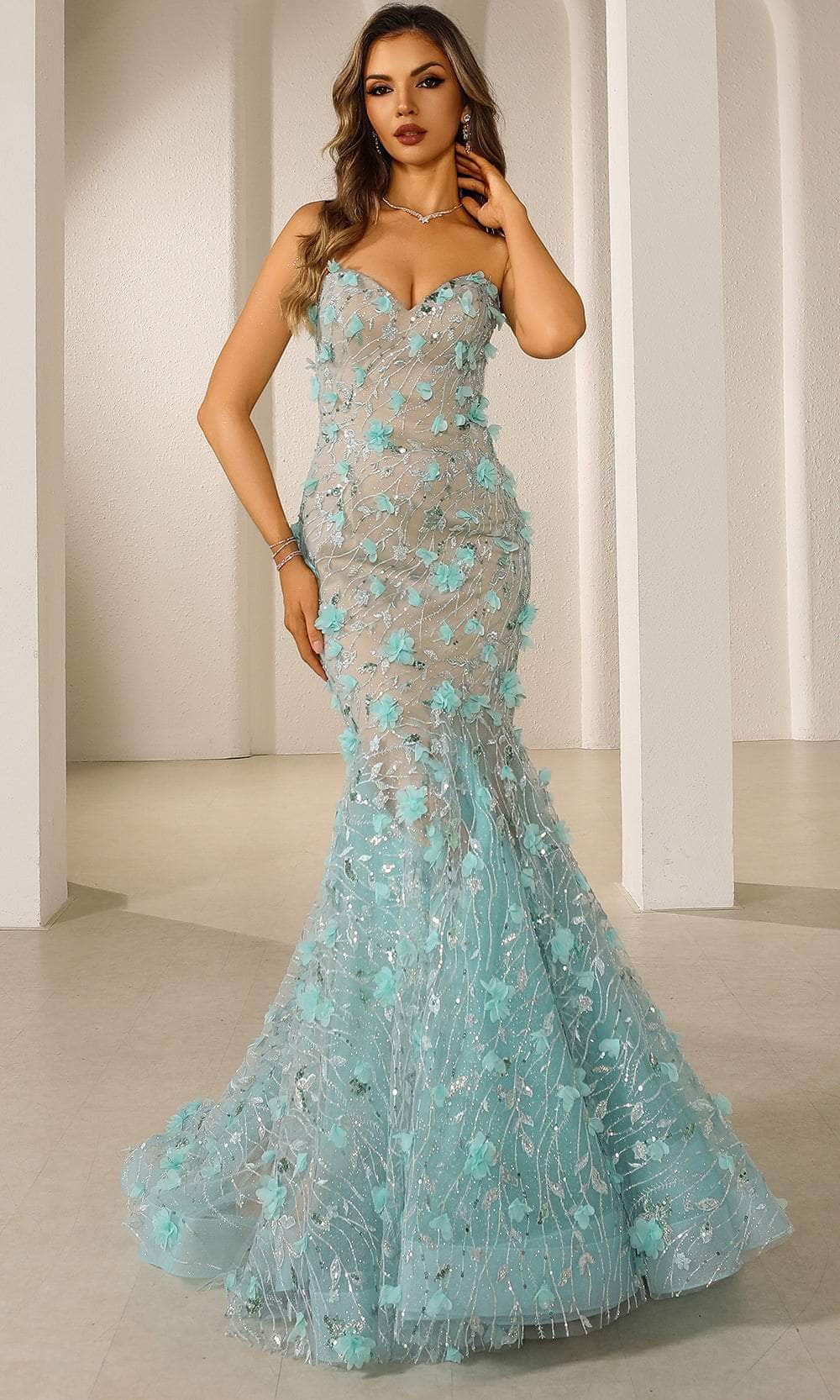 Terani Couture 251P4379 - Long Tulle Trumpet Dress - Strapless, Fitted Bodice, Embellished, Back Zipper Closure, Train Couture Candy Terani Couture 251P4379 - Long Tulle Trumpet Dress - Strapless, Fitted Bodice, Embellished, Back Zipper Closure, Train Couture Candy