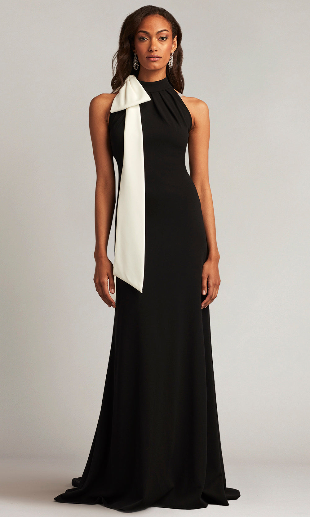Tadashi Shoji Sleeveless Mock-Neck Bow Crepe Gown - Blackivory Tadashi Shoji Sleeveless Mock-Neck Bow Crepe Gown - Blackivory